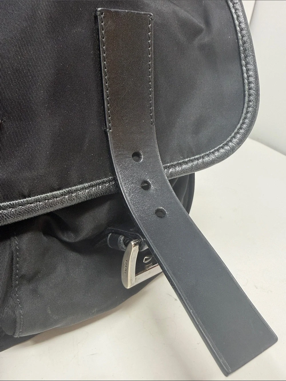Prada Black Nylon Tessuto Messenger Crossbody Bag Leather Buckle Flap